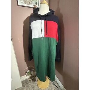 Tommy Hilfiger Hooded T Shirt Dress Womens 1X Color Block Green Blue Red White